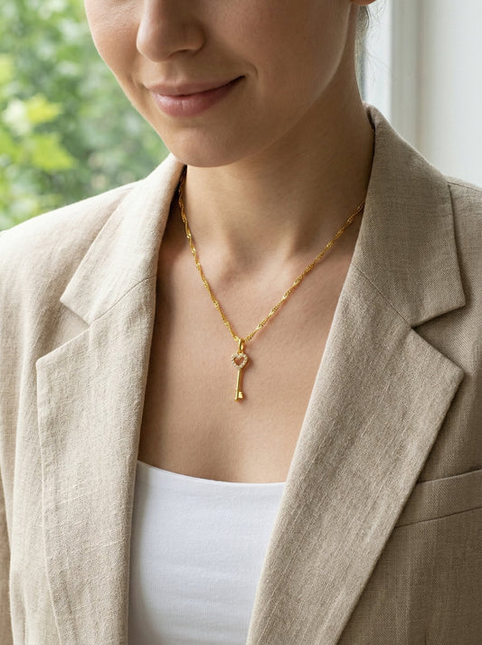 Gold heart key pendant necklace on model, Mother's Day jewelry gift 2026