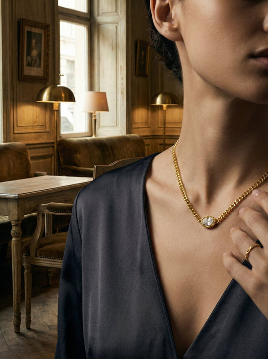 Model wearing Mevi Dainty CZ Pendant Necklace in gold