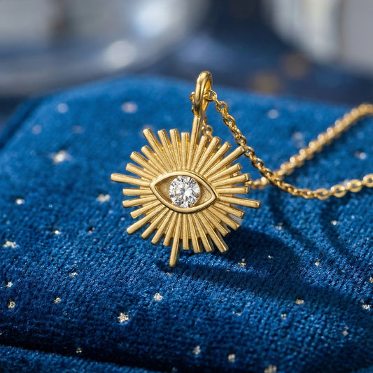 Sola Sunburst Pendant Necklace styled in a warm lifestyle detail