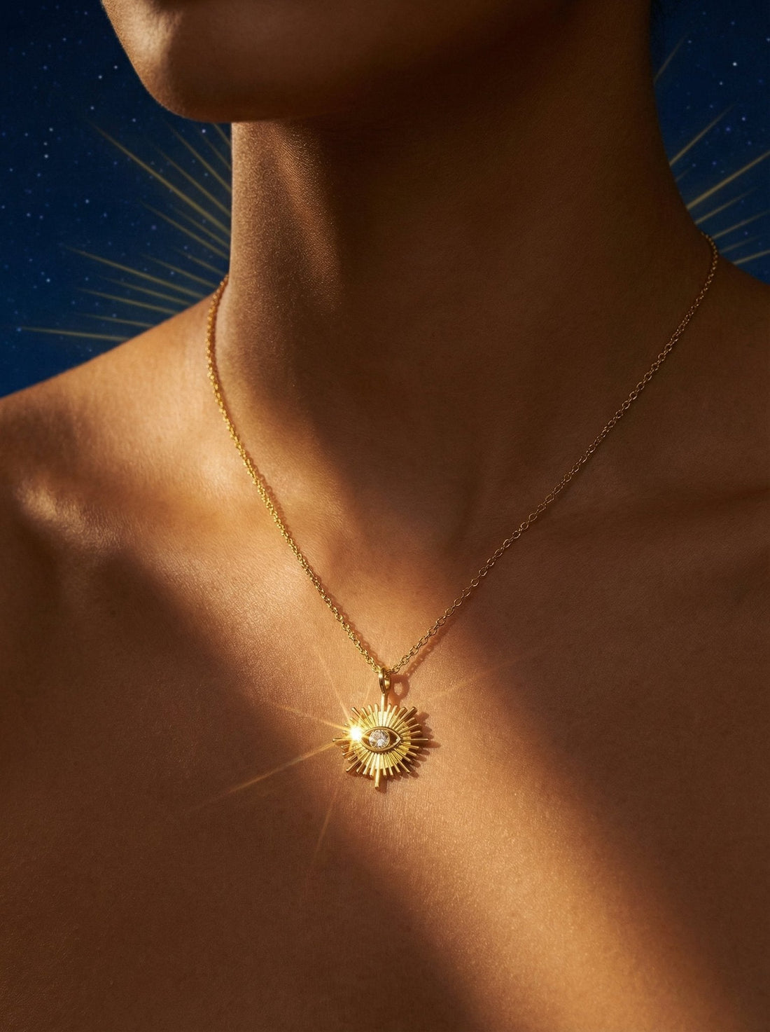 Sola Sunburst Pendant Necklace styled as Labor Day weekend jewelry for a white outfit