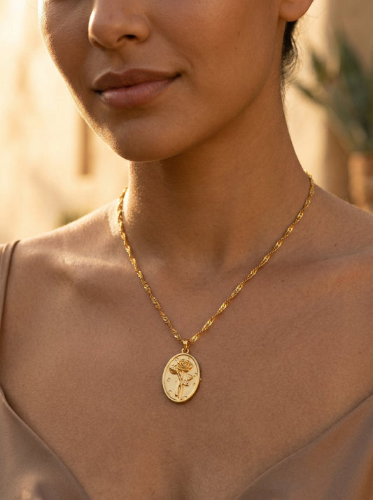 Rosa Rose Coin Pendant Necklace styled as a soft floral everyday pendant