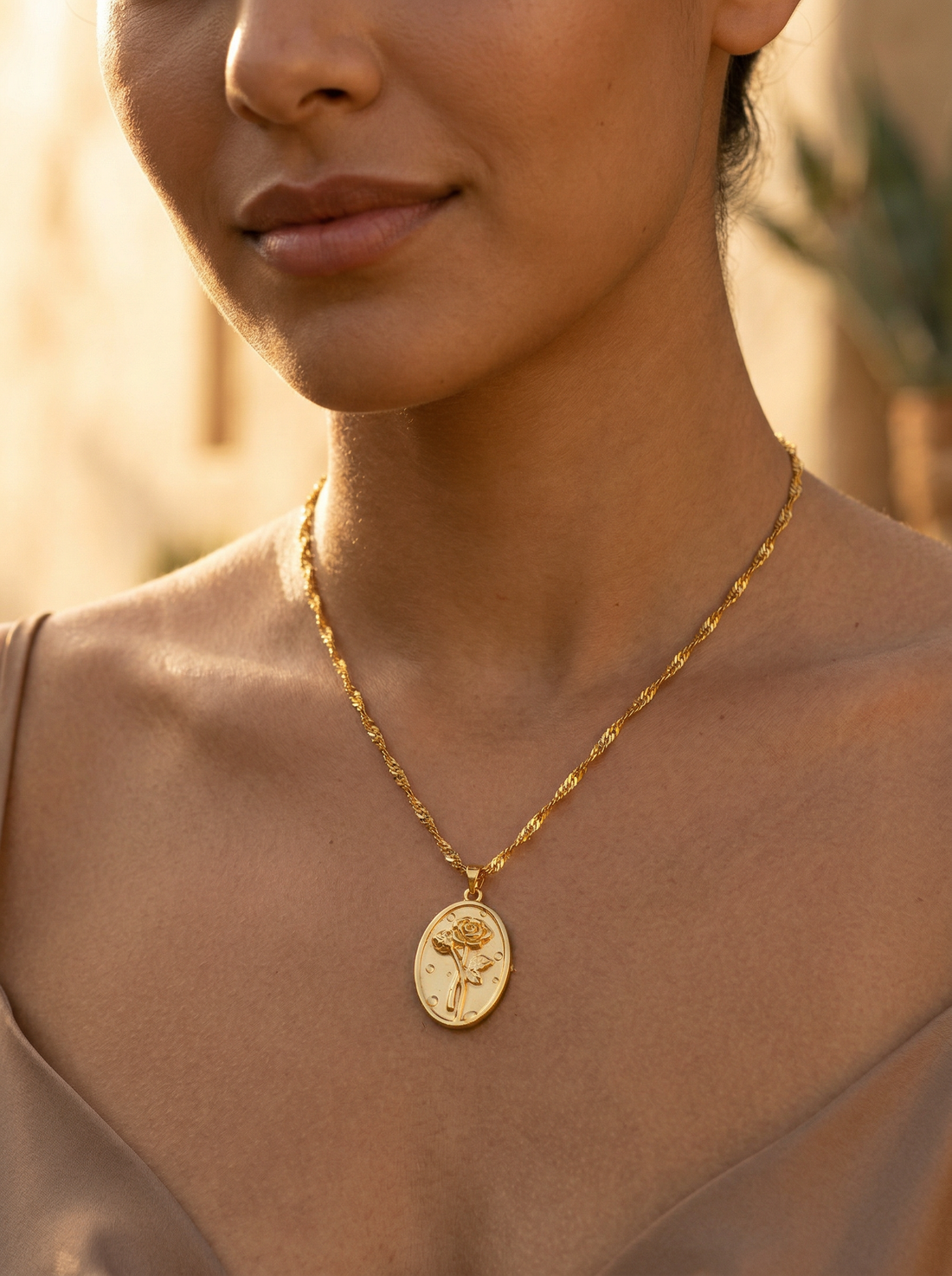 Rosa Rose Coin Pendant Necklace in a warm detail shot