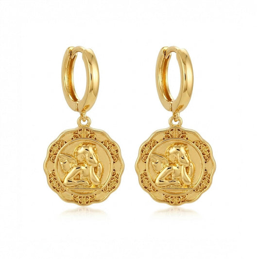 Woman wearing Sol Floral Charm Drop Angle Hoop Earrings in gold — nature-inspired jewelry by HyraMode