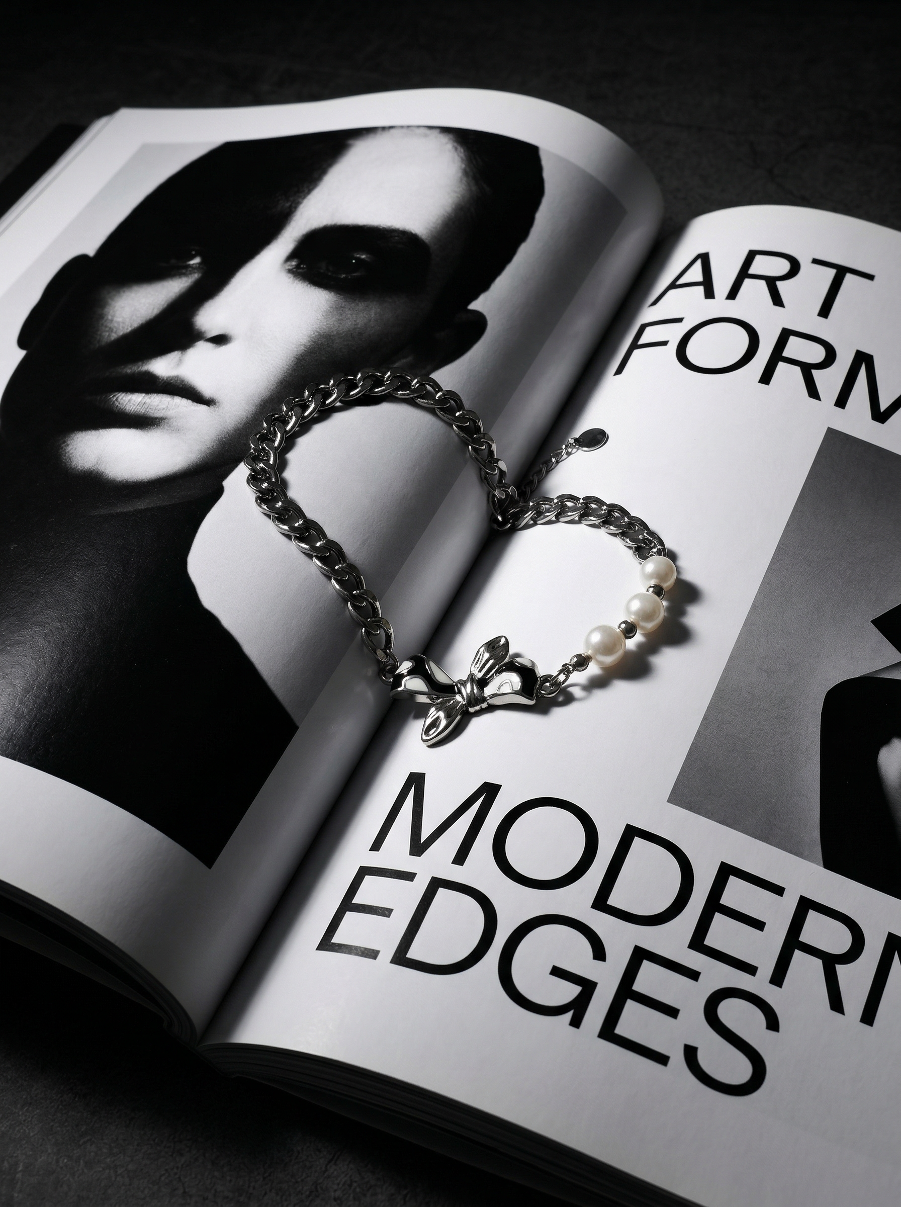 Bree Silver Enamel Bow Pearl Chain Bracelet - View 4 - HyraMode