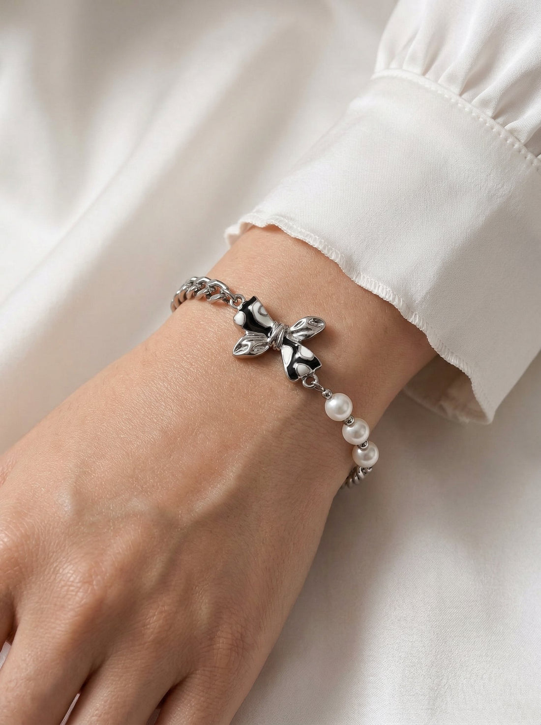 Bree Silver Enamel Bow Pearl Chain Bracelet - View 2 - HyraMode
