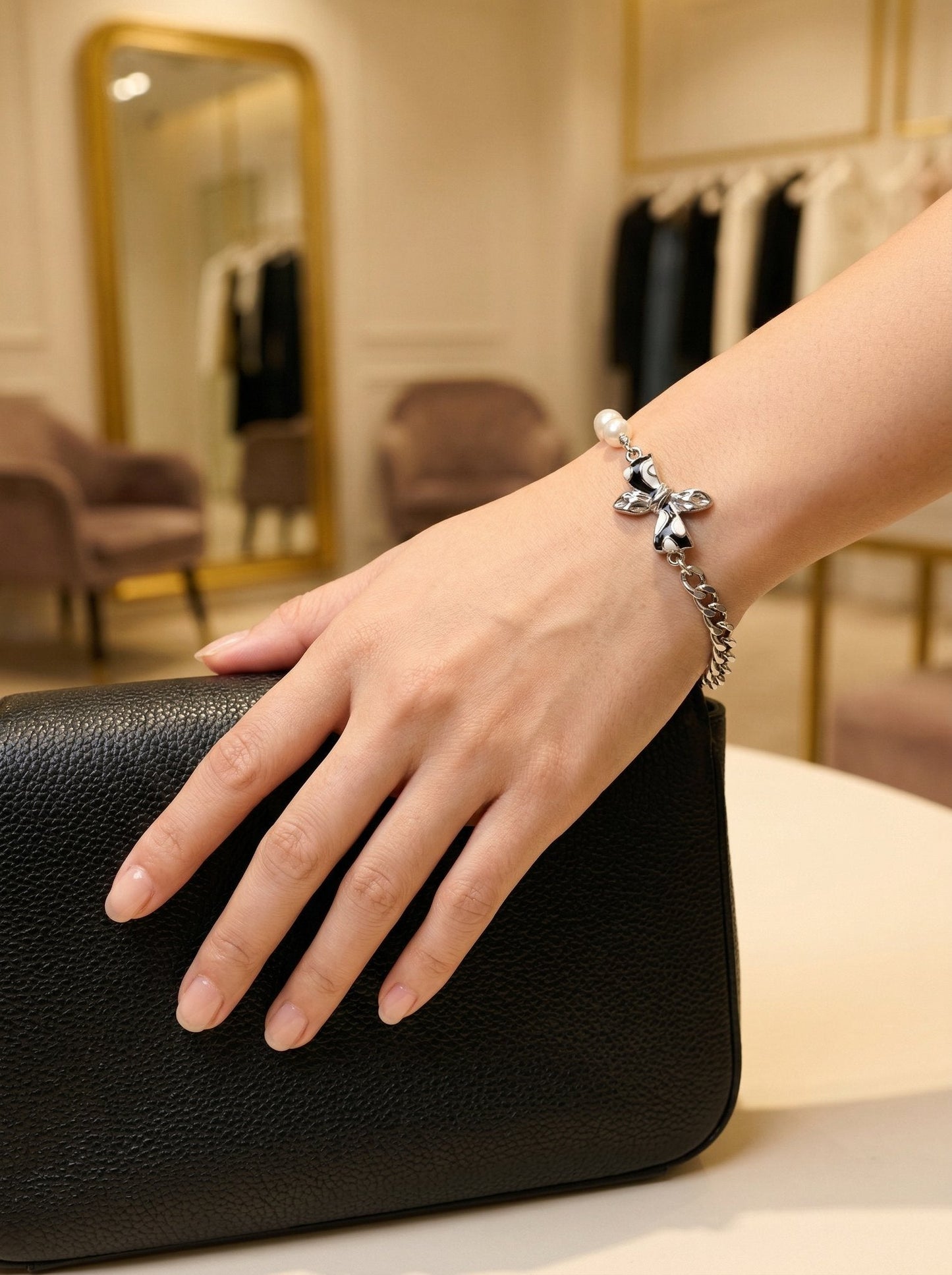 Bree Silver Enamel Bow Pearl Chain Bracelet - View 6 - HyraMode