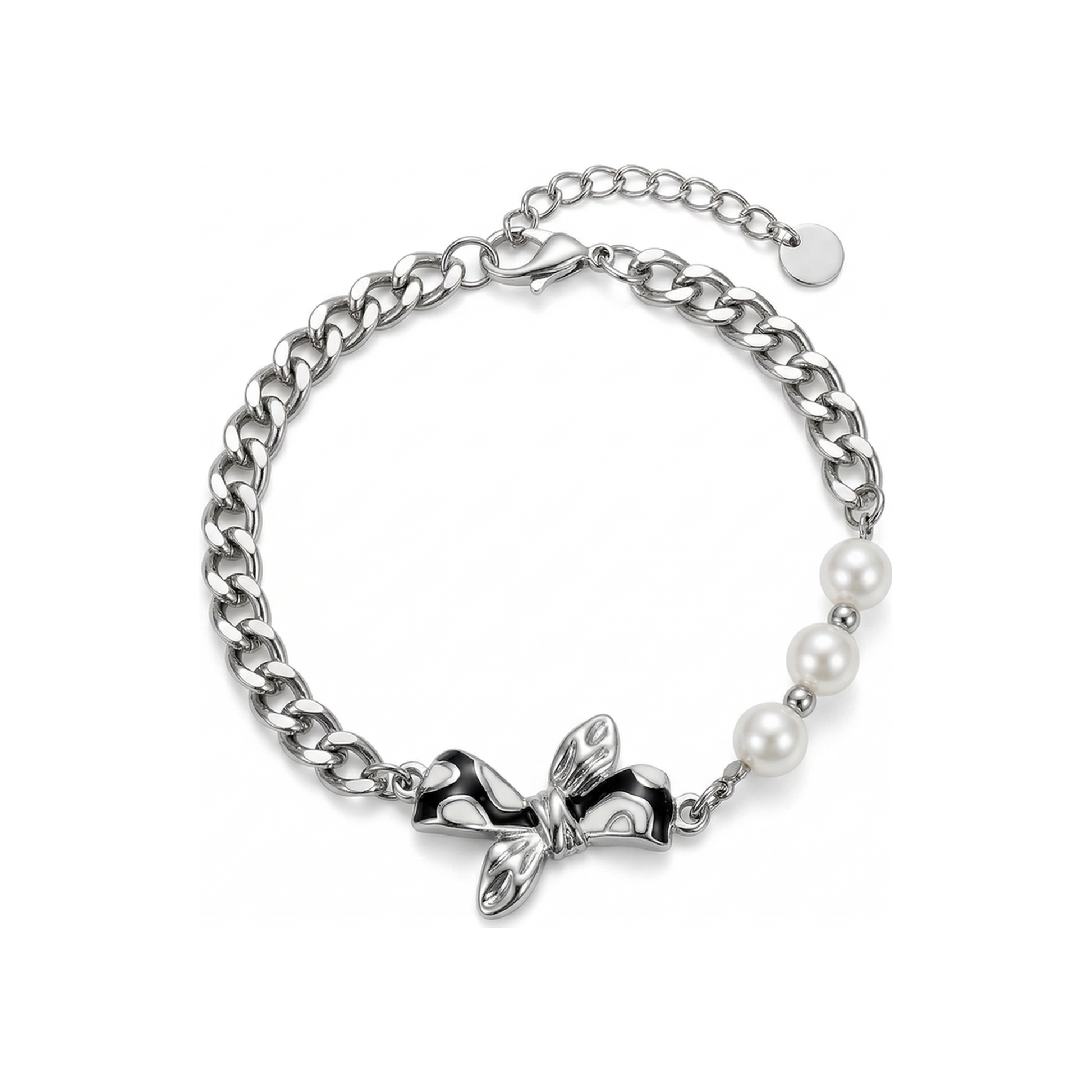 Bree Silver Enamel Bow Pearl Chain Bracelet - HyraMode Gold Jewelry