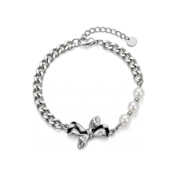 Bree Silver Enamel Bow Pearl Chain Bracelet - HyraMode Gold Jewelry
