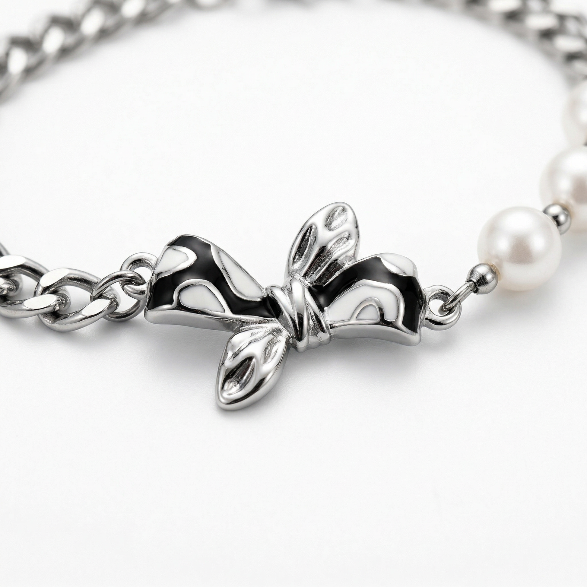 Bree Silver Enamel Bow Pearl Chain Bracelet - View 8 - HyraMode