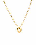 Gold Remy paperclip chain heart necklace on white background